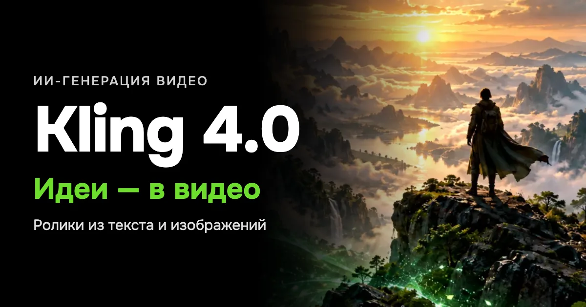 Kling 4.0: ИИ-генерация видео — идеи в видео, ролики из текста и изображений. Человек на скале смотрит на закат над горами и облаками